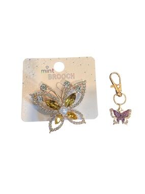 mint Gold and Yellow Crystal Butterfly Brooch with butterfly clip
